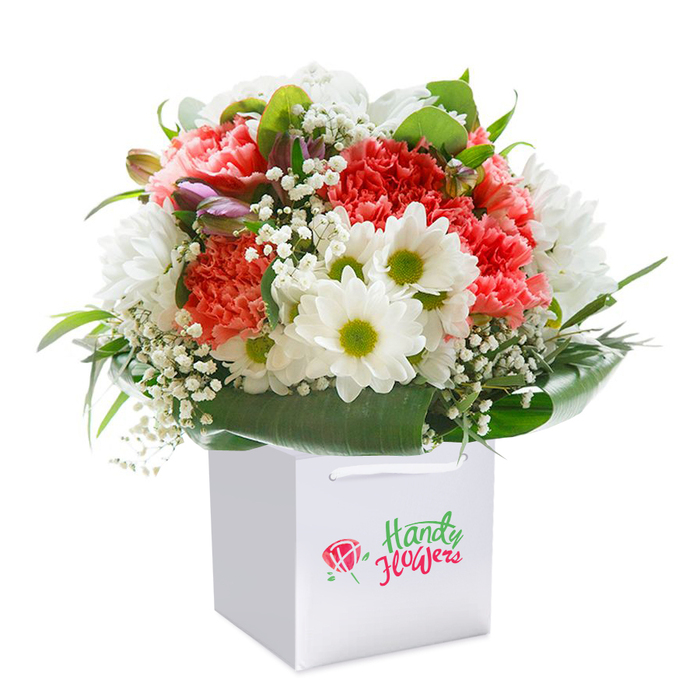 A visual symphony of colour and contrast, this elegant bouquet brings together the artistry of Highgate floristry and the vibrant essence of the area's leafy gardens. Lush coral and deep red carnations, their petals lavishly layered and softly ruffled, form the expressive heart of the arrangement. These richly textured flowers are thoughtfully combined with crisp, white daisies-each centered with a zingy lime-green hue that lifts the arrangement like a shaft of sunlight pouring into a Highgate café. Misty sprigs of white gypsophila weave through the bouquet, offering a gentle, ethereal texture that lightens and unites the display. Dotted discreetly on the left are a few purple-tinged buds, tightly furled and full of promise, adding subtle intrigue much as the hidden gardens and corners of Highgate do. Broad, glossy green leaves ring the base, their gleaming surfaces providing a structured, elegant finish, reminiscent of the area's well-kept greens. All of this is presented upright in a squared white gift bag, accented with soft ribbon handles, designed for practicality and easy gifting whether for an anniversary near Pond Square or a welcoming gesture along Shepherd's Hill. Against a pure white studio backdrop, the freshness and careful placement of every stem are apparent, making this bouquet a beautiful choice for any special event or meaningful moment across the Highgate neighbourhood.