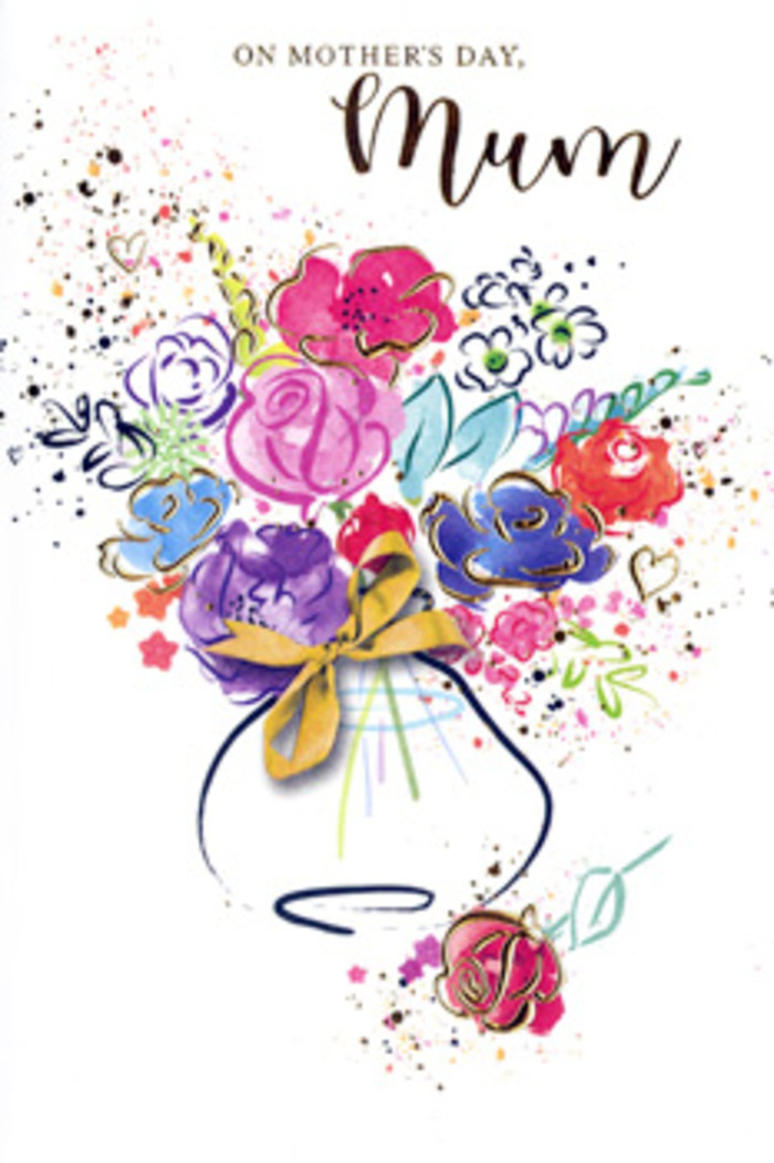 Expressive Mother's Day card design presenting a dreamy, watercolour bouquet that appears to hover weightlessly against a bright white background, reminiscent of spring blossoms glimpsed along Highgate's leafy avenues. The flowers are not rigidly defined; instead, bold sweeps of cerise, fuchsia, and rich magenta suggest open blooms, layered over pools of velvety indigo and violet that hint at shadows and depth. Soft dabs of lavender and cool blue slip in between the brighter hues, giving the bouquet a layered, three-dimensional feel, as though one could almost reach out and part the petals. Delicate golden lines skim across select petals and leaves, while scattered gold specks gather in small constellations among the colours, adding a refined shimmer. At the edges of the bouquet, ink-like splatters and a handful of small hearts spray outward, lightly breaking the boundaries of the central cluster and keeping the composition playful. The entire mass of colour gathers into a stylised vase at the base, its rounded silhouette suggested by gentle grey and beige washes. Around the neck of the vase, a tidy golden bow ties the scene together, evoking the finishing touch a Highgate florist might add before sending out a Mother's Day delivery. No wording appears on the card, allowing the flowers' colour, movement, and subtle sparkle to speak for themselves, conveying affection, appreciation, and the enduring warmth of a mother's love.