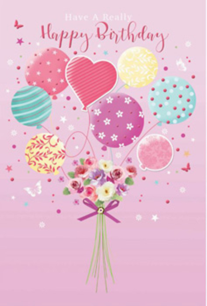 Elegant illustrated birthday card scene where pastel balloons and a petite bouquet rise together in a gentle celebration, evoking the tranquil, village-like feel of Highgate. The background is a soft, even pink tone, soothing and warm like the first blush of dawn seen from a Highgate rooftop. Across the upper half, a loose cluster of balloons drifts upward, each one decorated with playful yet subtle detailing-some with spiralling stripes, others with scattered polka dots or floral patterns. A single heart-shaped balloon sits near the centre of the cluster, its rounded form rendered in blush and lavender shades that suggest love, gratitude, and tender birthday wishes. The palette of the balloons includes pale sunshine yellows, rosy pinks, seafoam greens, and lilacs, all glowing softly as if lit by gentle indoor light from a Highgate townhouse window. Anchoring this floating ensemble is a small hand-tied bouquet that appears freshly gathered, like blooms just chosen from Flowers Highgate on the High Street. The bouquet features petite roses and daisy-like flowers, their petals richly layered and softly shaded from cream to rose and mauve, giving a sense of depth and natural beauty. Slender green stems meet at the base, where they are cinched together with a sparkling purple satin bow, its texture smooth and luminous. Scattered around are tiny starbursts and delicate butterfly shapes, adding a whimsical, fairy-tale feeling, as if the design has captured a fleeting magical moment above Waterlow Park. This visual story of balloons and blooms communicates a gentle jubilation, ideal for a birthday greeting meant to make someone in Highgate feel thoughtfully remembered and quietly cherished.