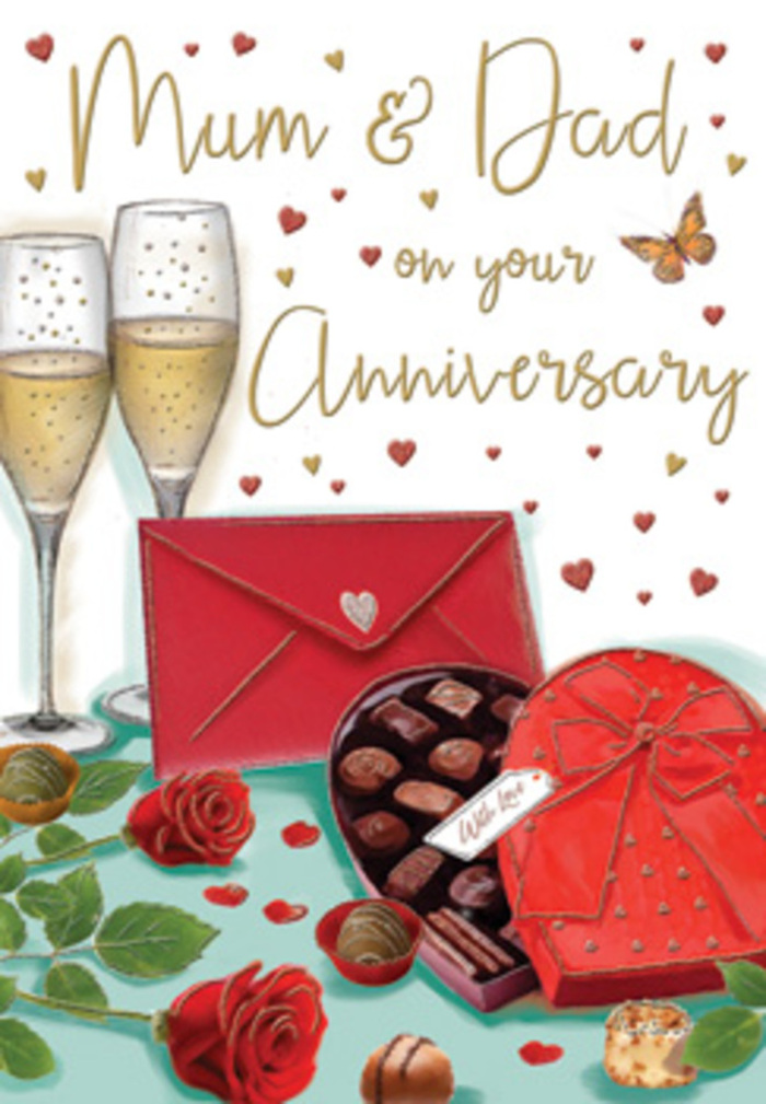This anniversary card design paints an inviting, celebratory vignette that could easily be imagined on a candlelit table in a Highgate townhouse. At the top of the scene, two elongated champagne flutes stand side by side, their clear glass illustrated with delicate reflections and highlights. They're filled almost to the brim with light champagne, alive with tiny streams of golden bubbles that suggest a moment of anticipation just before the first sip. Below, taking pride of place, is a large heart-shaped chocolate box, its casing a deep, romantic red. The lid is slightly ajar, revealing an assortment of truffles nestled inside, each rendered with a glossy finish that hints at rich, melt-in-the-mouth centres. A luxuriant red bow, tied with impeccable precision, drapes over the box, the satin ribbon's curves adding movement and softness, like a gift lovingly wrapped by hand after a stroll through Highgate Village. In the foreground, two lush red roses rest diagonally across the table surface. Their petals are full and textural, with subtle shading that makes them seem almost three-dimensional, accompanied by fresh green leaves that bring a natural balance to the indulgent sweets and sparkling drinks. Scattered across the background and around the hand-lettered message for Mum & Dad are tiny hearts in gold and crimson, creating a halo of affection and festivity. To one side lies a vibrant scarlet envelope, securely sealed, its placement hinting at a heartfelt letter waiting to be read in the quiet of the evening. The whole composition is suffused with a warm, romantic light, reminiscent of dusk over Waterlow Park, evoking the scent of freshly cut roses, the taste of fine chocolate, and the reassuring feeling of an anniversary celebrated in the heart of Highgate.