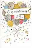 This congratulations card captures the spirit of a refined celebration, as though a small Highgate gathering has been distilled into a single, graceful image. At the heart of the design, a generous cluster of balloons rises upwards, the shapes overlapping in gentle layers that feel as carefully arranged as a hand-tied bouquet. The balloons glow in soft metallic and pastel shades-gold, silver, champagne, sky blue, blush pink, and cool grey-with each one bearing its own delicate decoration. Some are strewn with tiny stars, others marked with thin, glimmering stripes, and a few sprinkled with subtle, glitter-like specks that suggest the texture of embossed foil. A slender, curling ribbon in intertwined gold and silver winds down from the base of the balloons, adding a sense of flow, like the trailing ends of gift wrap ribbon after a celebration near Pond Square. Encircling the main cluster are small, shining stars and looping ribbon motifs scattered across a light, neutral background, creating a feeling of airy joy and gentle movement. Cutting through the centre of the composition is an elegant banner, softly arched and lightly edged, bearing the phrase Congratulations To You in graceful script that feels both personal and dignified. The whole arrangement has a calm but unmistakably festive mood-less noisy party, more champagne toast in a sunlit Highgate living room. It's easy to imagine this card accompanying a delivery of fresh flowers to mark exam results, job promotions, new beginnings, or other milestones that deserve sincere recognition. The imagery quietly conveys admiration, warmth, and happiness, making it a fitting companion for thoughtful, locally delivered bouquets across Highgate.
