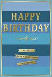 This sophisticated birthday card blends calming blue tones with soft golden highlights, echoing the relaxed elegance of Highgate's residential streets and garden squares. The card's face is structured in broad, horizontal stripes, each band a unique shade of blue that merges seamlessly into the next. At the base, dark navy and deep teal establish a rich foundation, gradually transitioning upwards into cooler marine blues and finally into a pale, airy blue near the top, creating a peaceful ombre effect across the surface. In the middle of this layered background, the words HAPPY BIRTHDAY stand out in large, gold-foil capital letters. The text is embossed, giving a gentle three-dimensional feel and allowing the metal-like sheen to catch available light in soft, shifting reflections as the card is moved. Just beneath the main greeting lies a graceful golden flourish, a symmetrical, scroll-like motif that adds a vintage, almost romantic touch. Further down, three distinct golden banners are positioned one beneath another in clean alignment. Each thin ribbon panel bears a segment of the message: Relax, have a great day and enjoy! The banners echo the same warm gold as the heading, reinforcing the card's cohesive, harmonious look. A fine, continuous gold border encircles the edges, framing the blue stripes like a thoughtful piece of artwork. You can easily picture this card placed beside a birthday bouquet in a Highgate living room, perhaps near Highgate Cemetery or Waterlow Park, the gold details quietly shimmering in natural light and setting the tone for a day of rest, pleasure, and kind, heartfelt wishes.